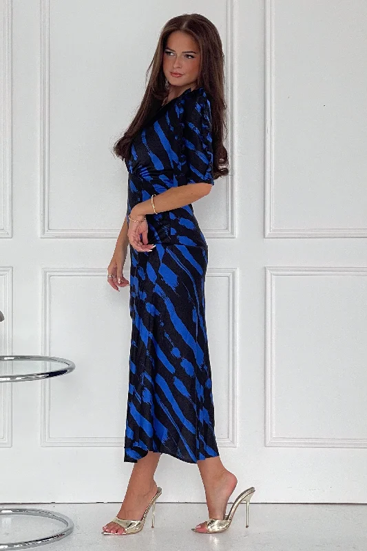 Samira Cobalt Print Frill Sleeve Midi Dress