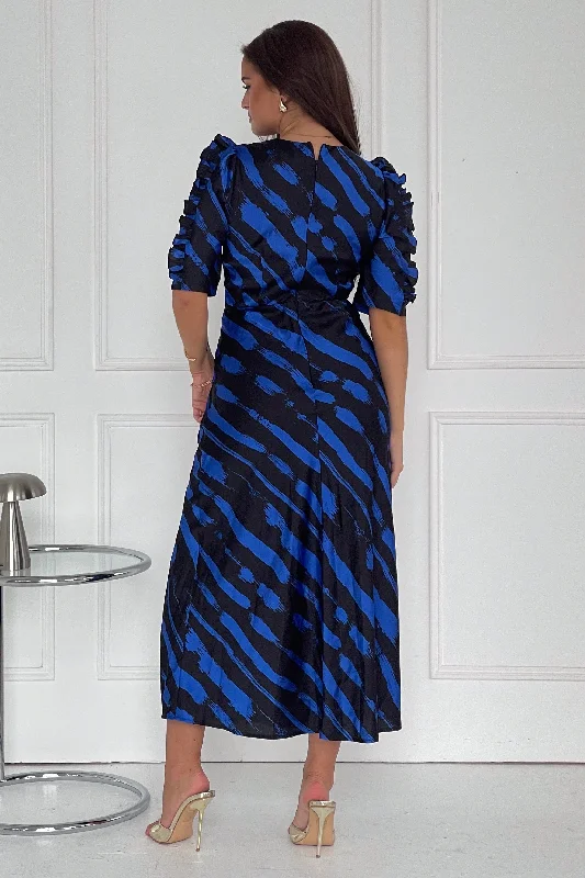 Samira Cobalt Print Frill Sleeve Midi Dress