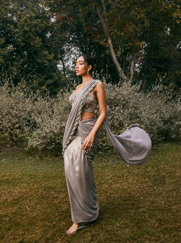 Sobia Grey Shimmer Chiffon Pre- Draped Saree Set