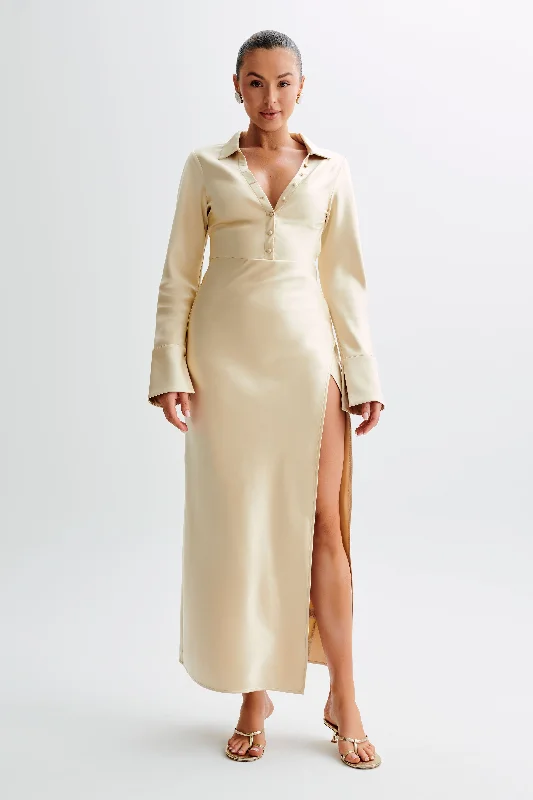 Whitley Satin Collared Maxi Dress - Gold