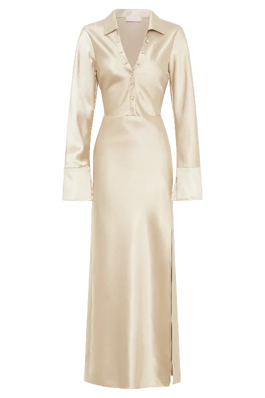 Whitley Satin Collared Maxi Dress - Gold