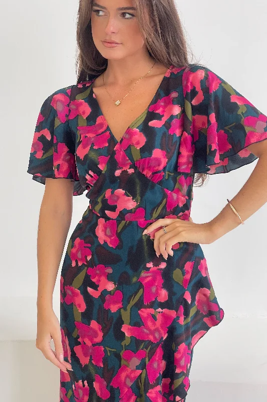 Yara Floral V Neck Frill Midi Dress