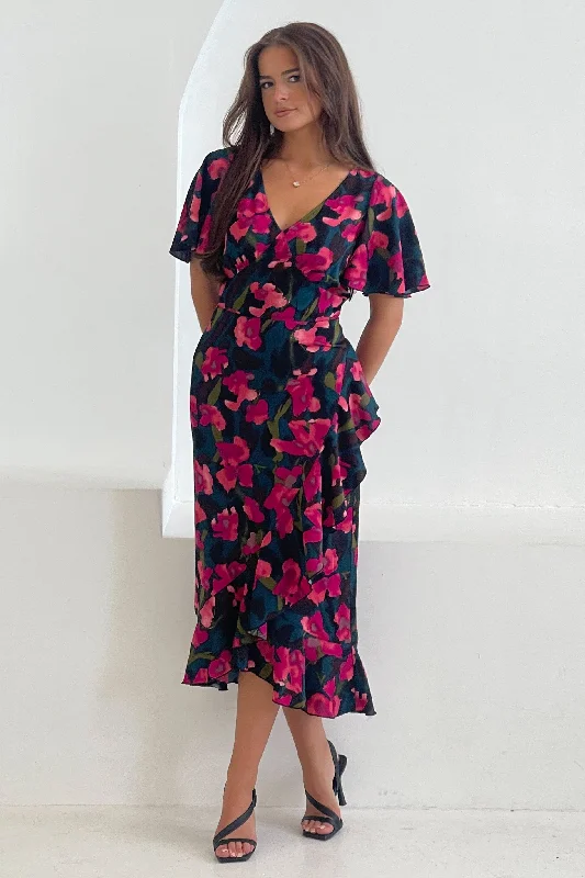 Yara Floral V Neck Frill Midi Dress