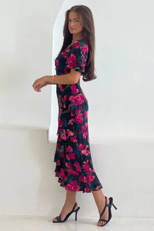 Yara Floral V Neck Frill Midi Dress