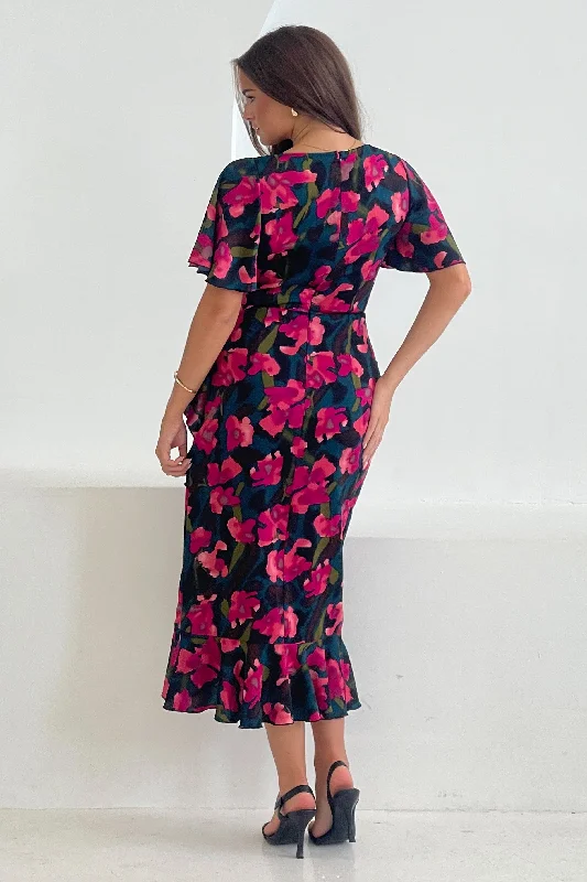 Yara Floral V Neck Frill Midi Dress