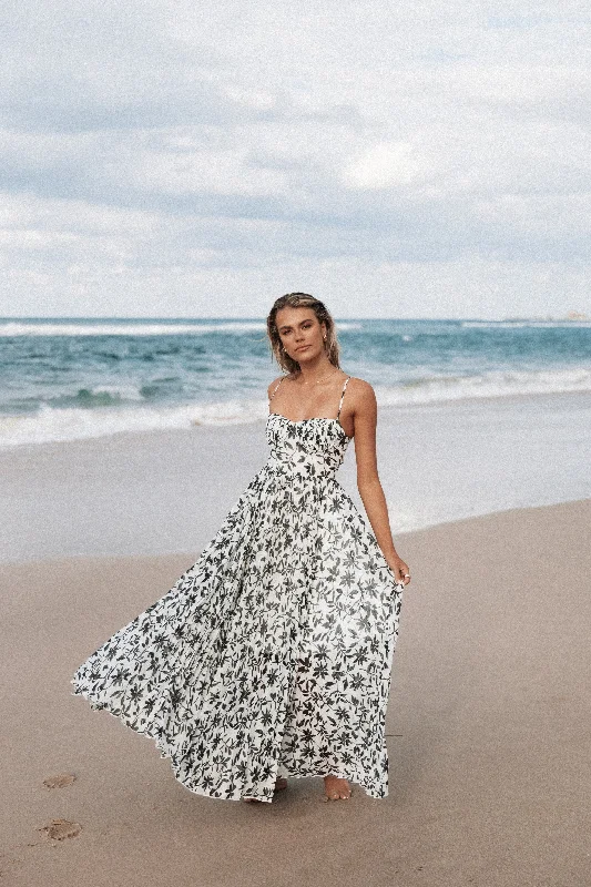 Achanti Pleated Maxi Dress - White Black Floral