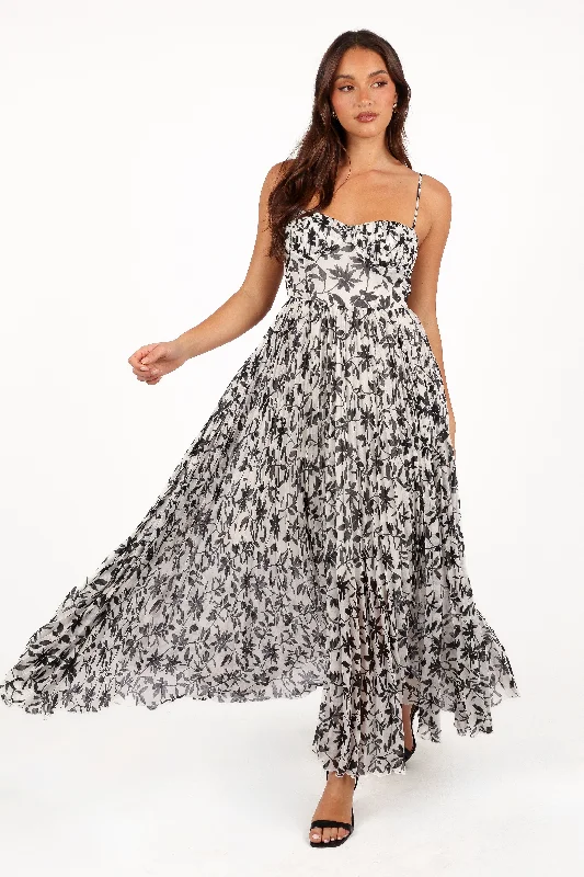 Achanti Pleated Maxi Dress - White Black Floral