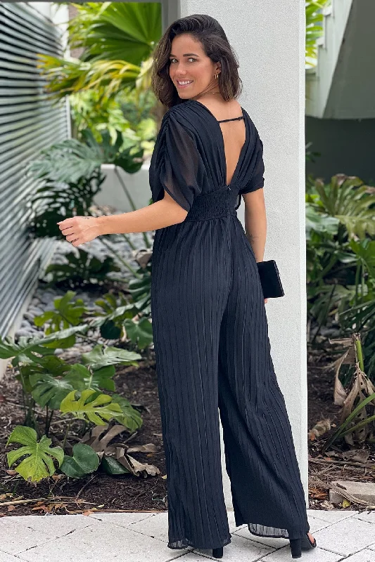 Black Pleated Jumpsuit With Dolman Sleeves