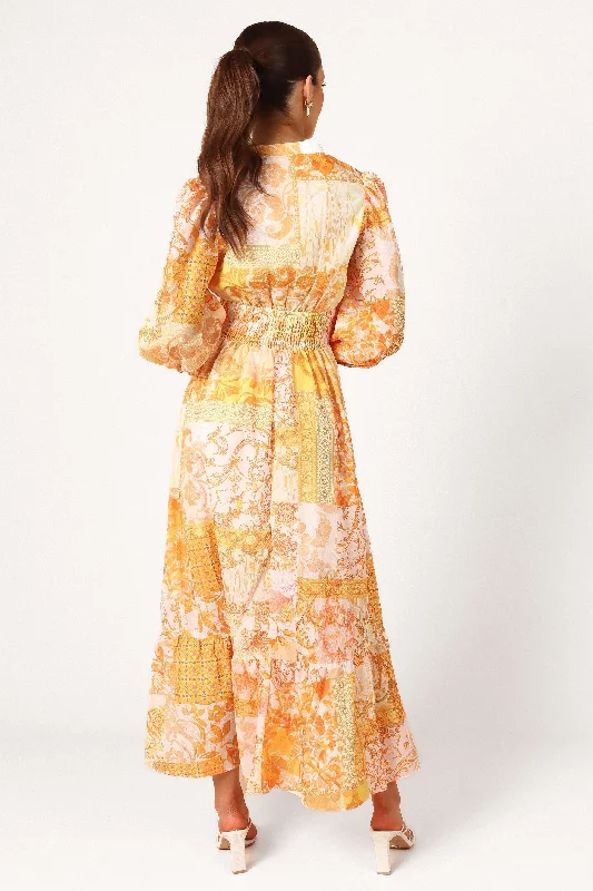 Elements Elastic Waist Long Sleeve Maxi Dress - Mustard