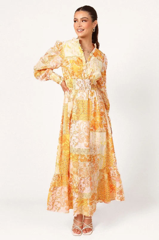 Elements Elastic Waist Long Sleeve Maxi Dress - Mustard