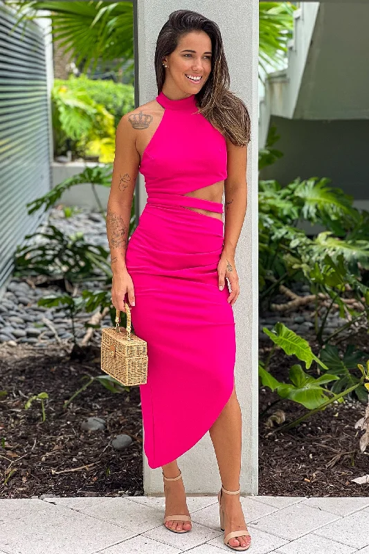 Fuchsia Asymmetrical Dress With Cut Out