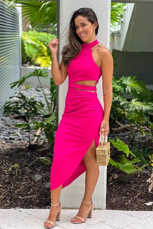 Fuchsia Asymmetrical Dress With Cut Out