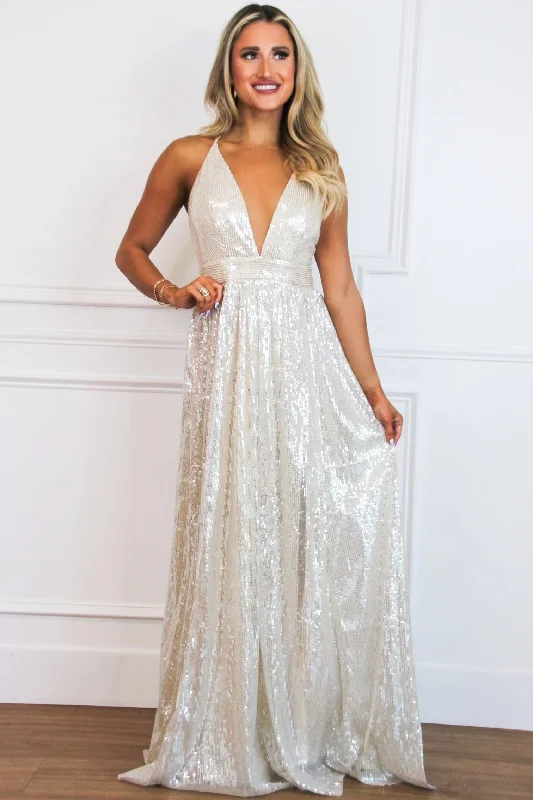 Hollywood Glam Sequin Maxi Dress: Nude/Silver Champagne