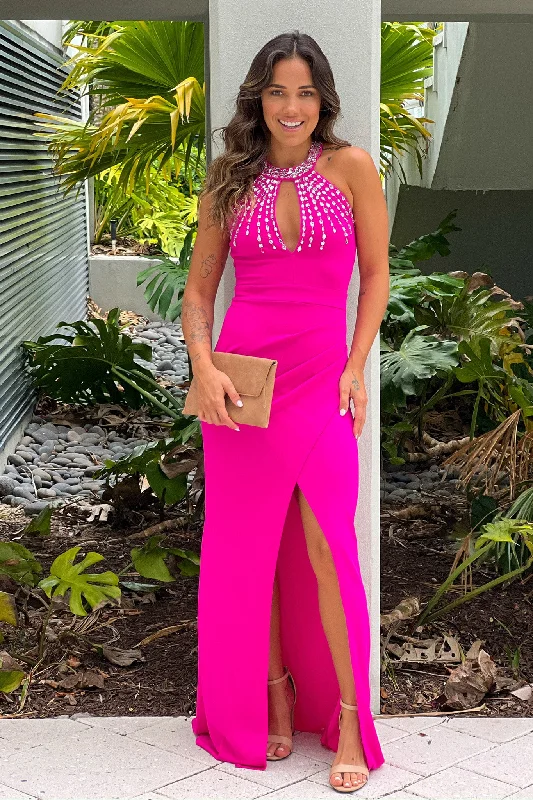 Hot Pink Halter Neck Maxi Dress With Rhinestone