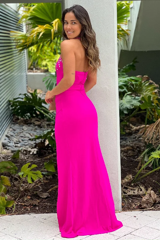 Hot Pink Halter Neck Maxi Dress With Rhinestone