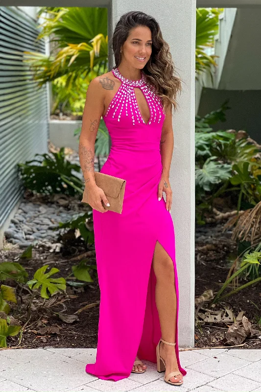 Hot Pink Halter Neck Maxi Dress With Rhinestone