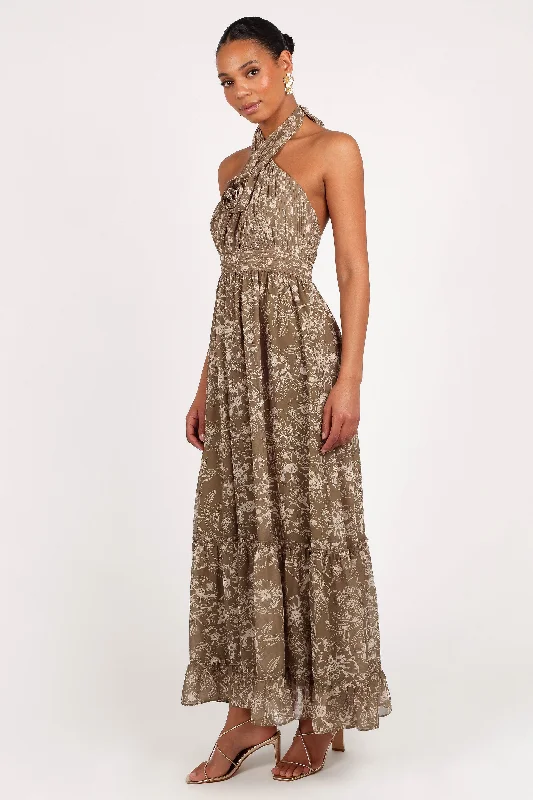 Lennon Halterneck Maxi Dress - Olive Floral