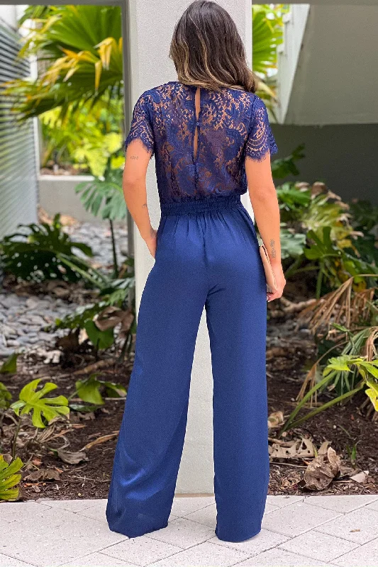 Navy Jumpsuit With Lace Back And Sleeves