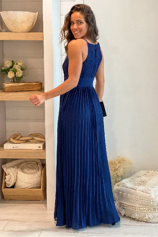 Navy Pleated Maxi Dress