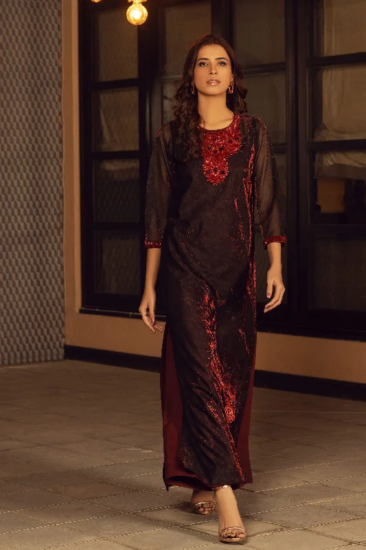 Red Camouflaging Embroidered Dress