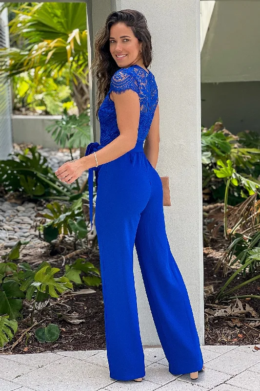 Royal Blue Lace Top Jumpsuit With Belt