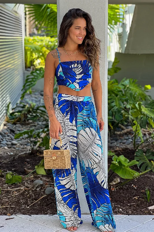 Royal Blue Printed Crop Top And Pants Set