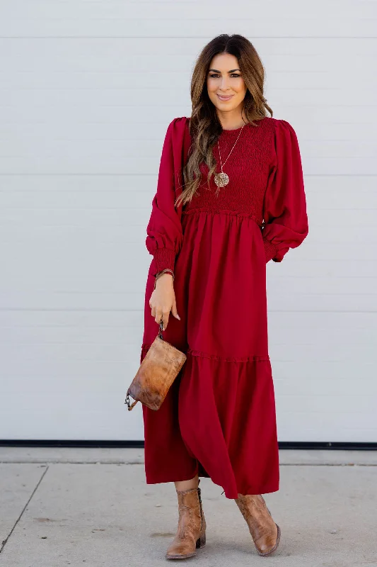 Ruched Top Tiered Long Sleeve Maxi Dress