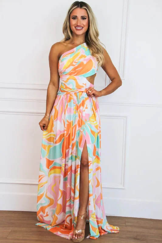 Shoreside Abstract One Shoulder Maxi Dress: Pink/Orange Multi