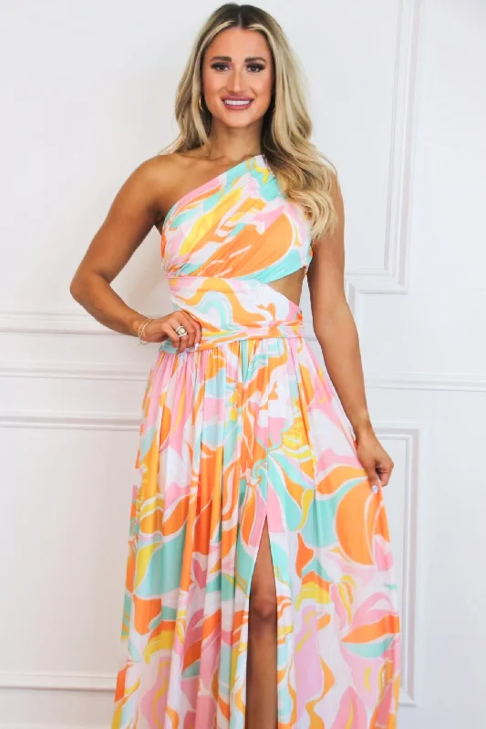 Shoreside Abstract One Shoulder Maxi Dress: Pink/Orange Multi