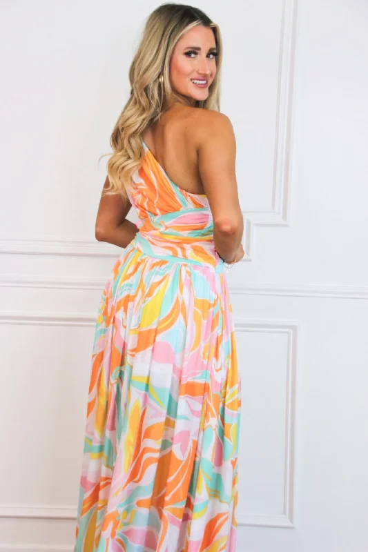 Shoreside Abstract One Shoulder Maxi Dress: Pink/Orange Multi