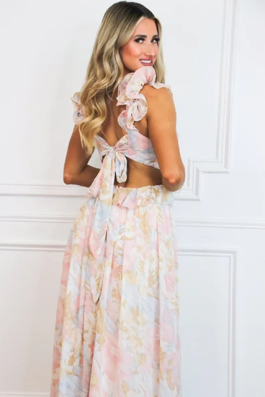 Sophie Floral Cutout Ruffle Maxi Dress: Pink Pastel Multi