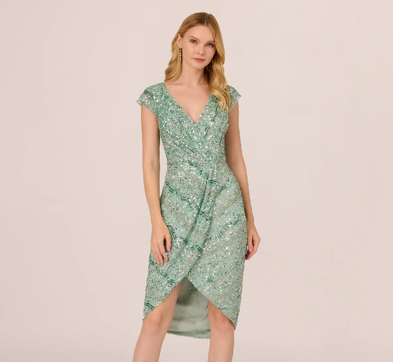 Beaded Faux Wrap Dress With Sheer Cap Sleeves In Icy Sage