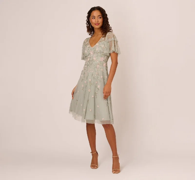 Beaded Midi Dress With Sheer Ruffled Sleeves In Frosted Sage