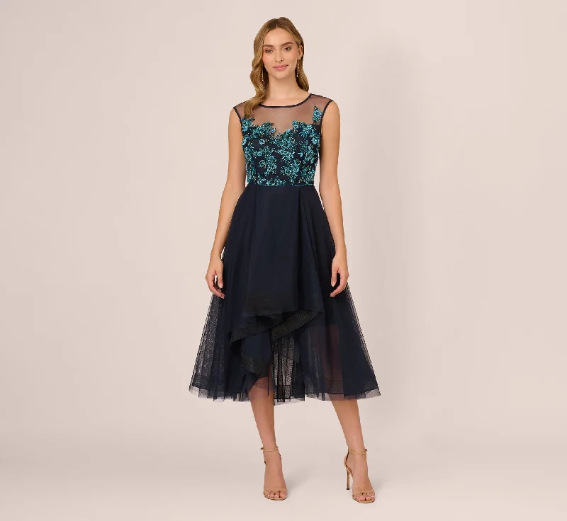 Beaded Midi Dress With Tulle Skirt In Midnight Multi