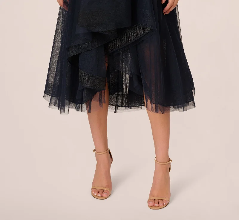 Beaded Midi Dress With Tulle Skirt In Midnight Multi