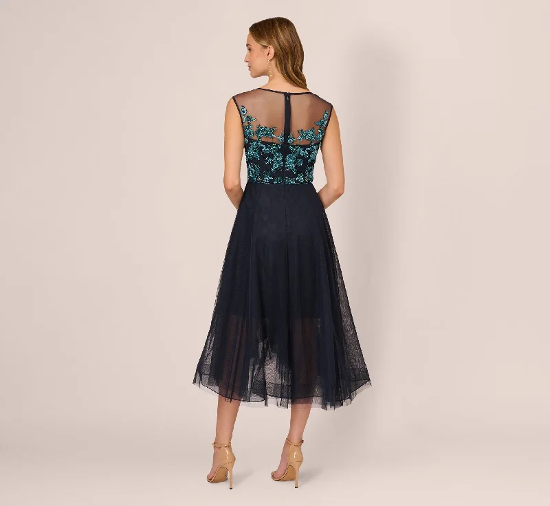 Beaded Midi Dress With Tulle Skirt In Midnight Multi