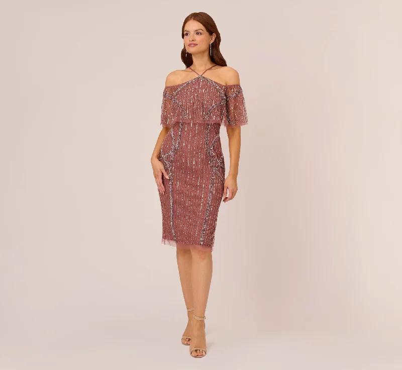 Beaded Off The Shoulder Sheath Dress With Halter Neck In Plum