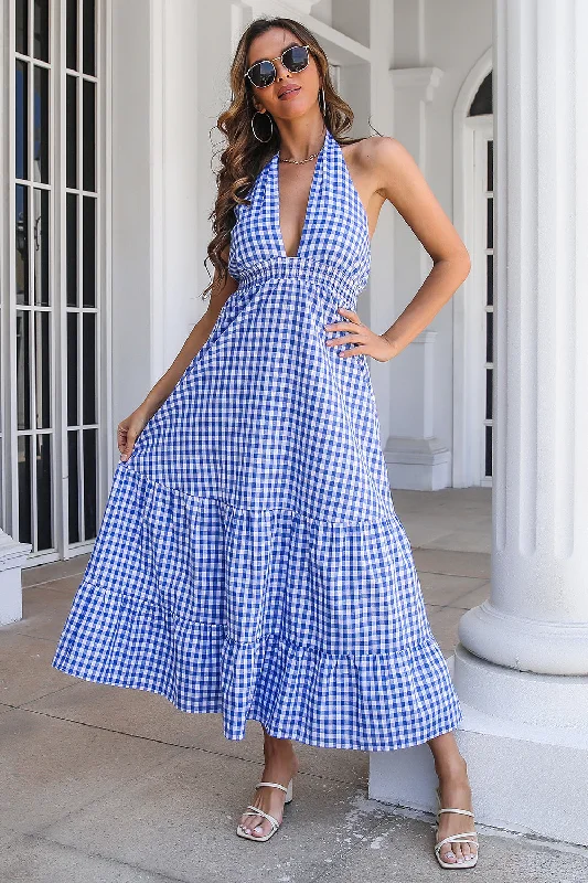 Blue Plaid Boho Maxi Summer Dress