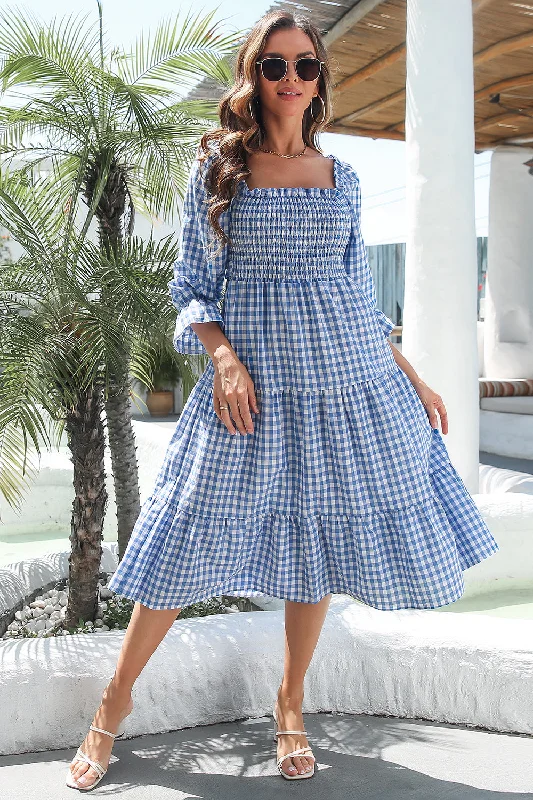 Blue Plaid Off Shoulder Summer Dress