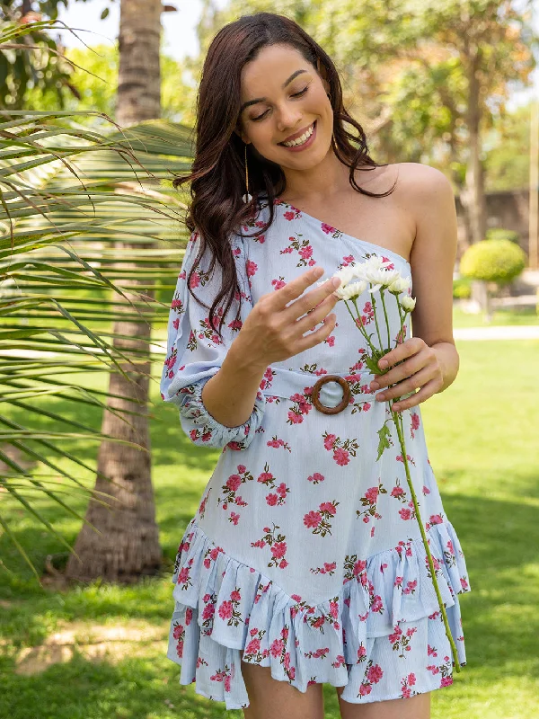 Blush Blue Pink One Shoulder Dress