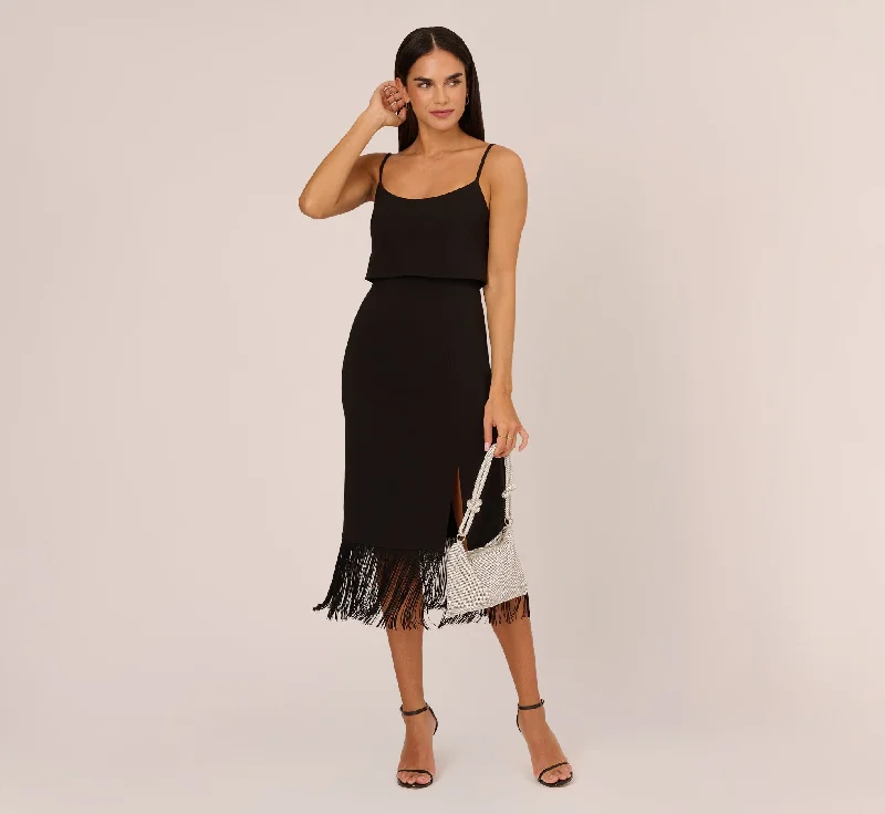 Crepe Popover Midi Dress With Fringe Trim In Black