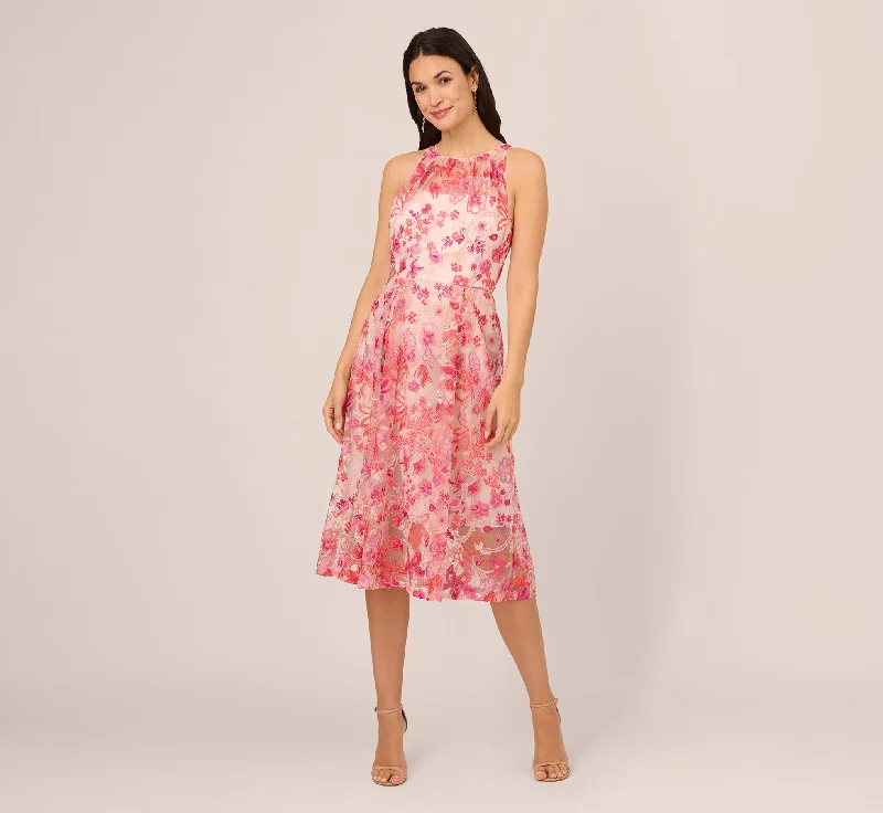 Floral Embroidered Midi-Length Fit-And-Flare Halter Dress In Pink Multi