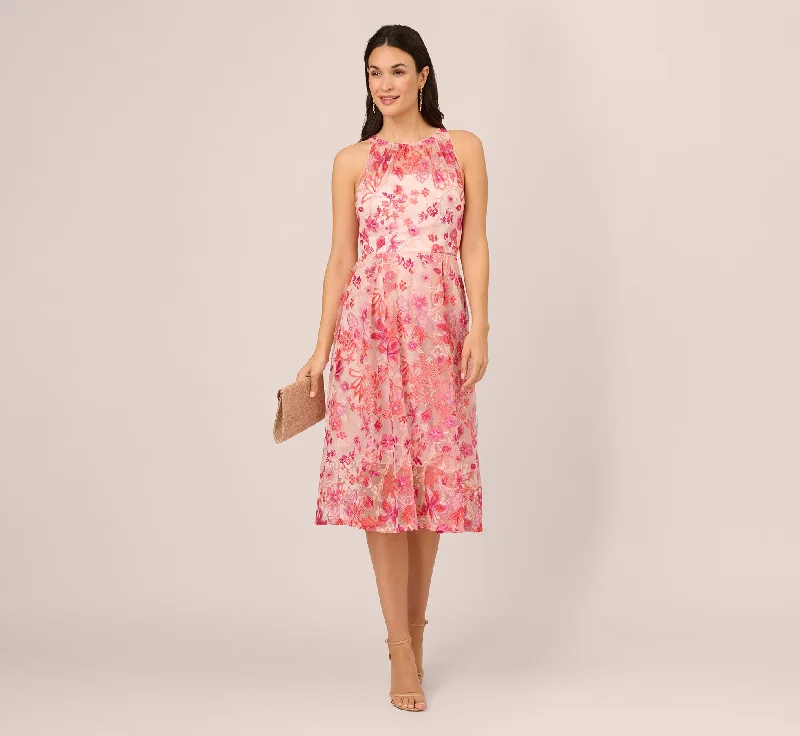 Floral Embroidered Midi-Length Fit-And-Flare Halter Dress In Pink Multi