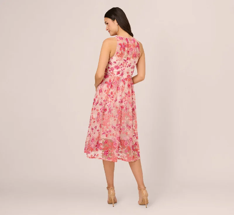 Floral Embroidered Midi-Length Fit-And-Flare Halter Dress In Pink Multi