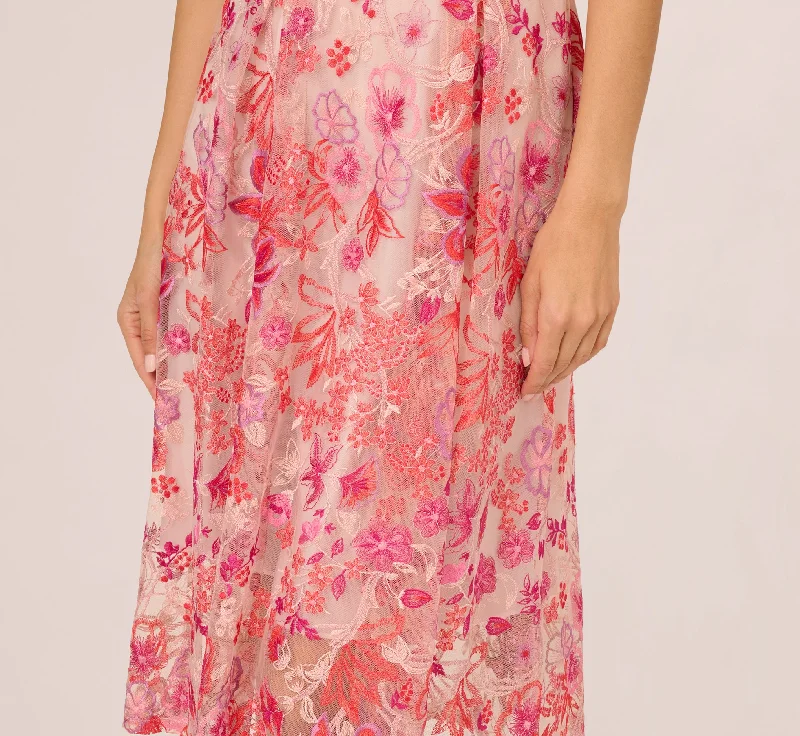 Floral Embroidered Midi-Length Fit-And-Flare Halter Dress In Pink Multi