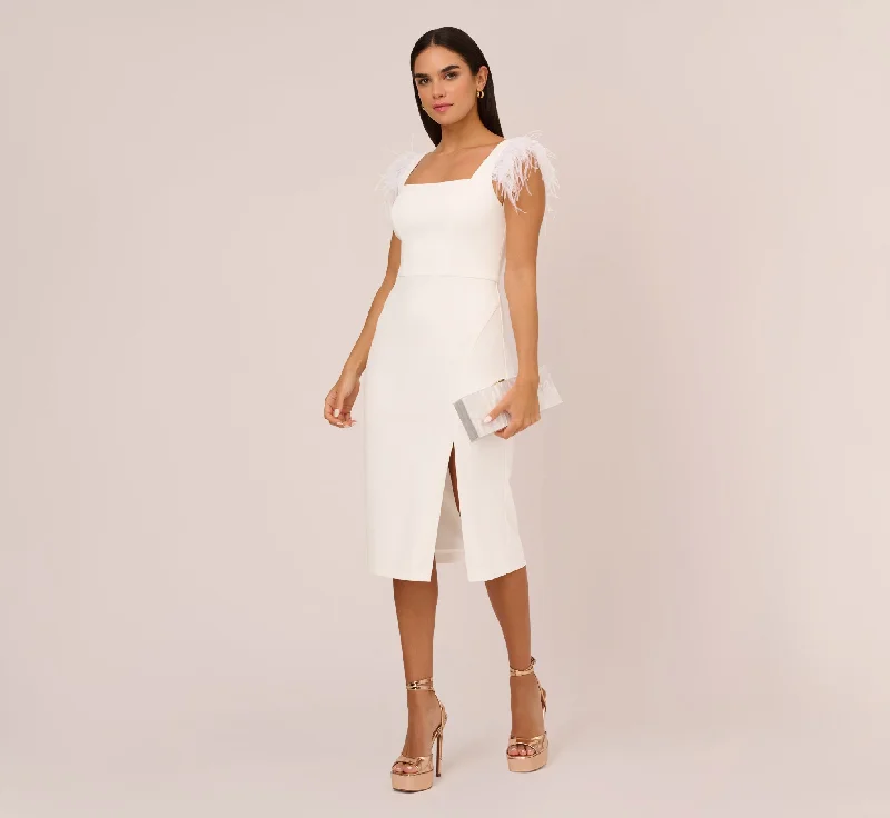 Knit Crepe Midi Dress With Feather Shoulder Accents In Ivory