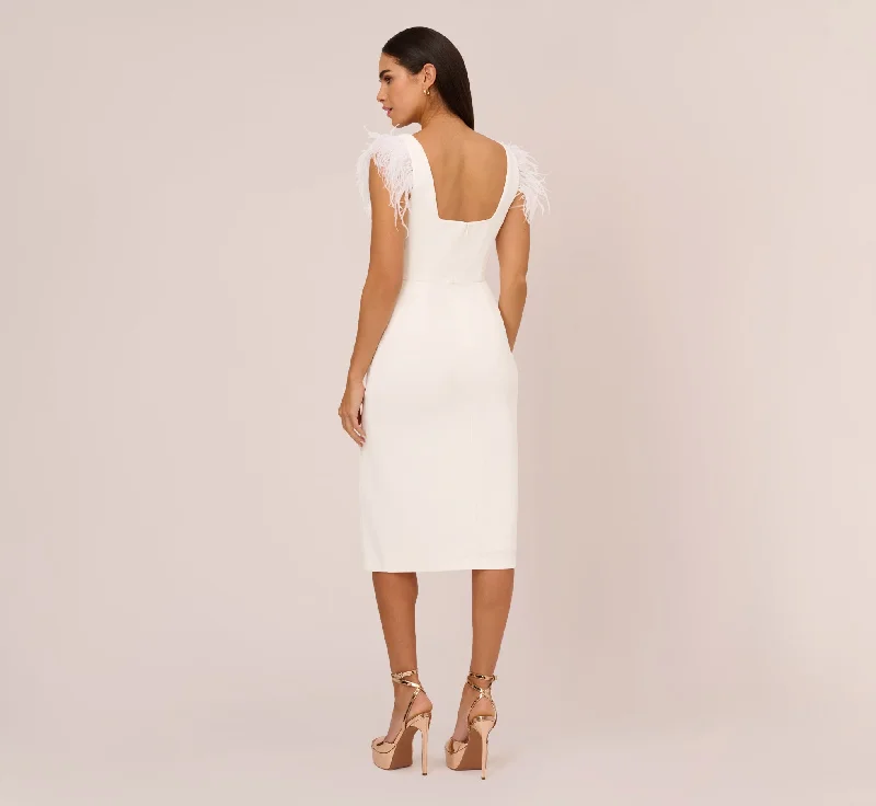 Knit Crepe Midi Dress With Feather Shoulder Accents In Ivory