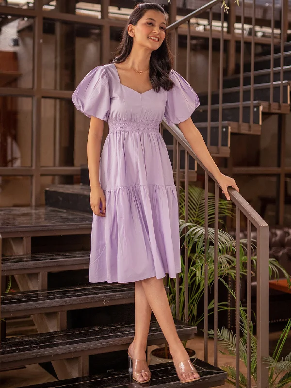 Lilac Bishop Sleeve Shirred Waistline Dress