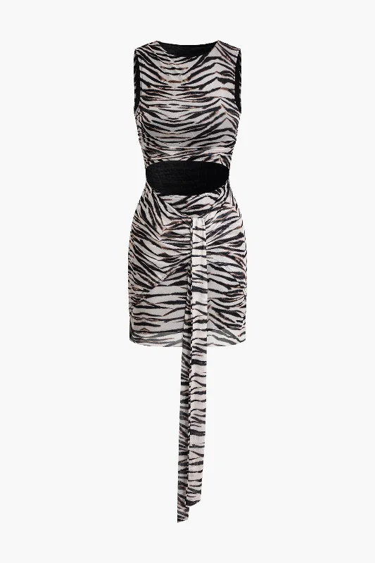 Zebra Print Cut Out Tie Mesh Tank Mini Dress