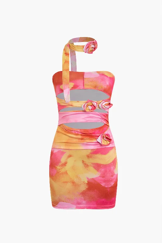 Tie Dye Cut Out Appliques Mini Dress